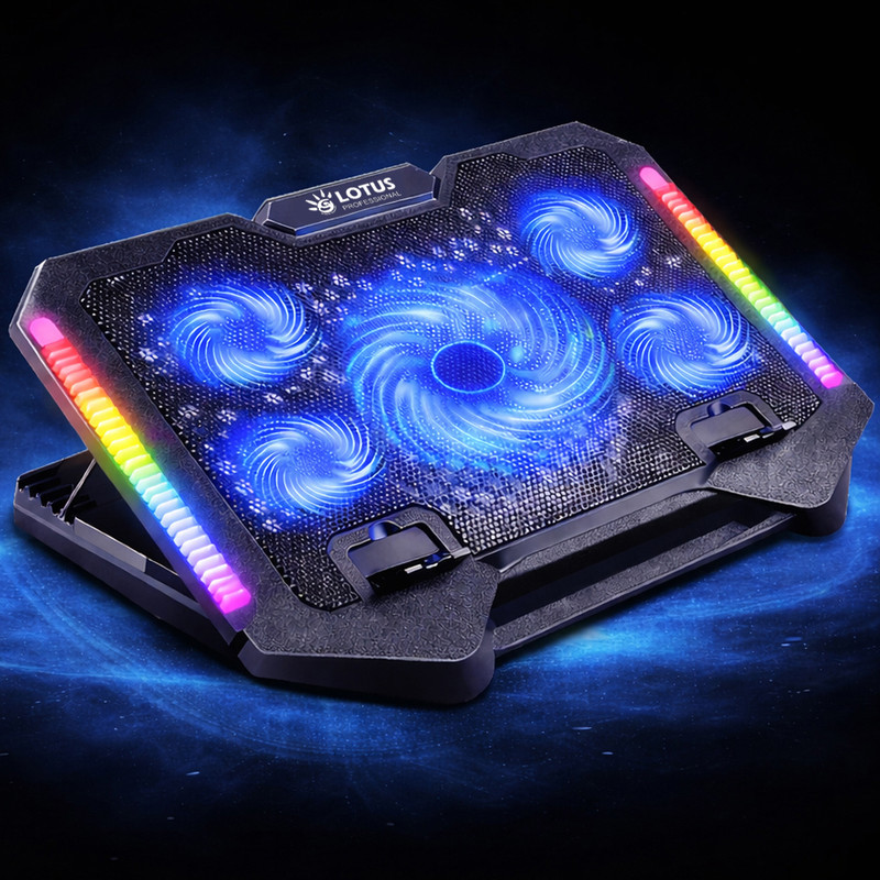 پایه خنک‌کننده لپ‌تاپ گیمینگ لوتوس مدل GF220-RGB دارای پنج عدد فن مناسب برای لپ تاپ‌های 14 تا 17 اینچی