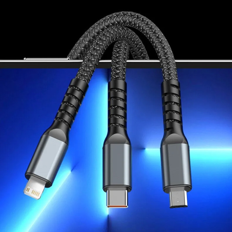 کابل تبدیل USB به microUSB  USB-C  لایتنینگ توزو مدل 3IN1 100W طول 1.2 متر