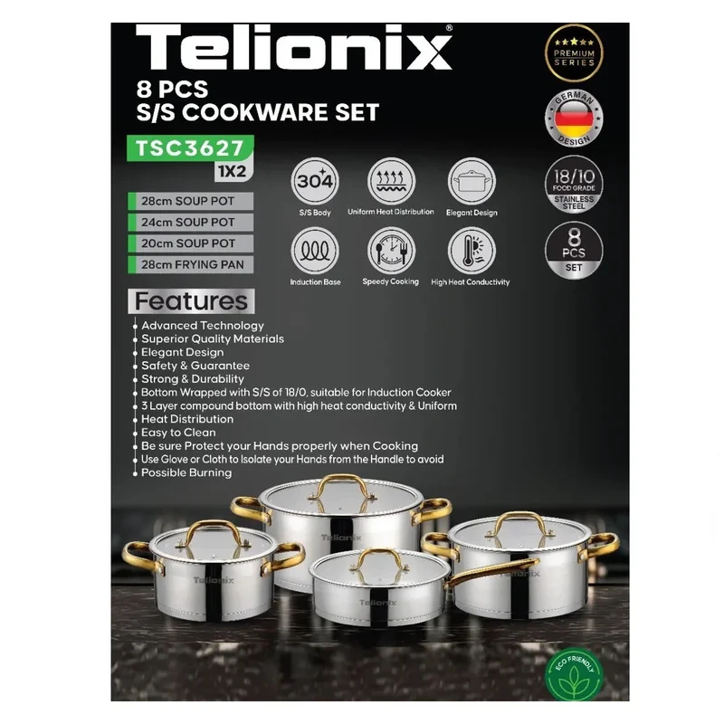 سرویس قابلمه و تابه استیل 8 پارچه تلیونیکس مدل TSC3627