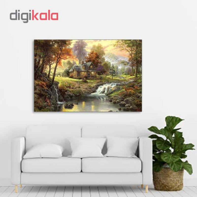 تابلو شاسی طرح نقاشی منظره خانه و رود