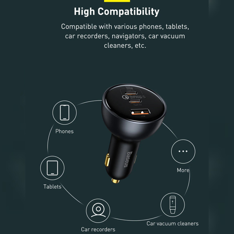 شارژر فندکی باسئوس مدل Multi-port Fast Charge 160W به همراه کابل تبدیل Usb-c