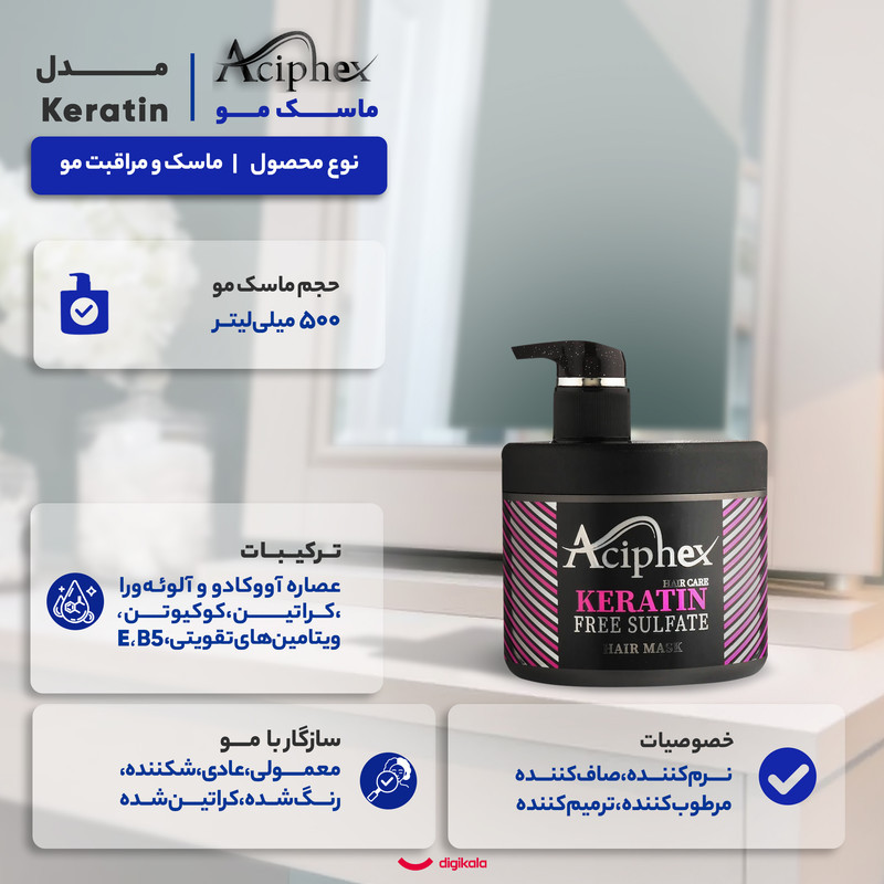 ماسک ترمیم کننده مو اسیفکس مدل Keratin مناسب برای انواع مو حجم 500 میلی لیتر