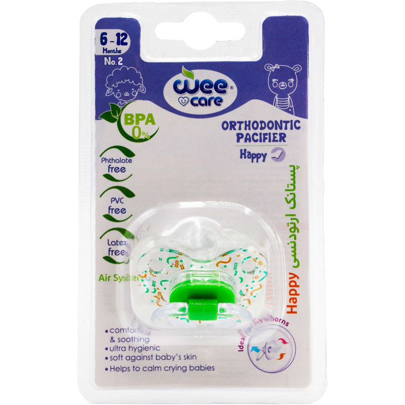 پستانک ارتودنسی وی کر مدل دسته دار شفاف چاپدار happy سایز 6-12 ماه کد P116