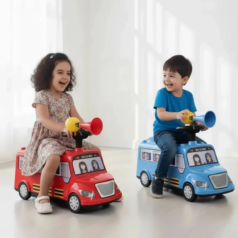 ماشین چهارچرخ کودک مدل اتوبوس پایی دو بوقه