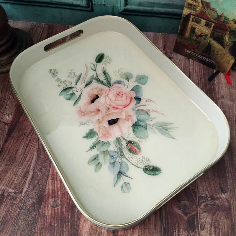 سینی دسته دار مدل گلهای بهاری سایز 36x27 سانتی متر