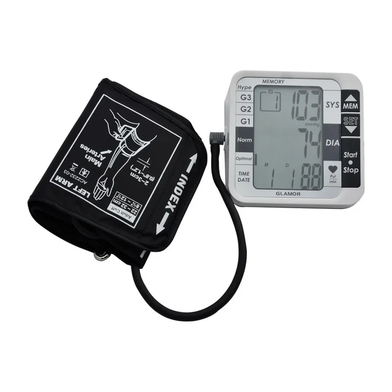فشارسنج بازویی دیجیتال گلامور مدل TMB-1112 دو کاربره با حافظه 250 رکورد، تشخیص آریتمی، فناوری WMI، منبع انرژی برق و باتری، کاف فنری و ساده برای بازوی 22 تا 42 سانتی‌متر، نمایش میانگین نتایج و خاموشی خودکار