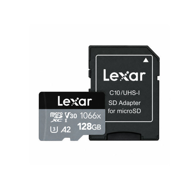 کارت حافظه microSDXC لکسار مدل SILVER PLUS کلاس A2 استاندارد UHS-U3 سرعت 205MBps ظرفیت 128 گیگابایت به همراه آداپتور SD