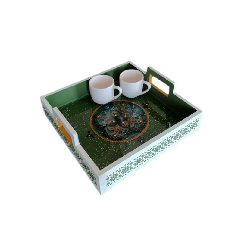 سینی دسته دار مدل چوبی رزین کد 00500 سایز 25*25 سانتی متر