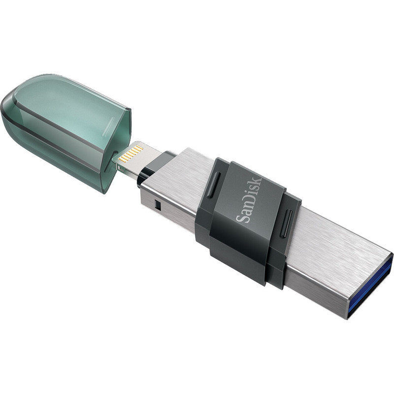 فلش مموری سن دیسک iXPAND FLIP ظرفیت 256 گیگابایت با دو رابط Lightning و USB 3.1، بدنه فلزی، سازگار با iPhone، iPad، ویندوز و مک، انتقال خودکار عکس و ویدیو، طراحی درپوش‌دار و سبک