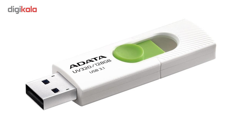 فلش مموری ای دیتا مدل UV320 ظرفیت 128 گیگابایت با درگاه USB 3.1 کشویی و سازگار با ویندوز، مک و لینوکس، انتقال داده با سرعت 10 گیگابیت بر ثانیه و طراحی جمع‌وجور