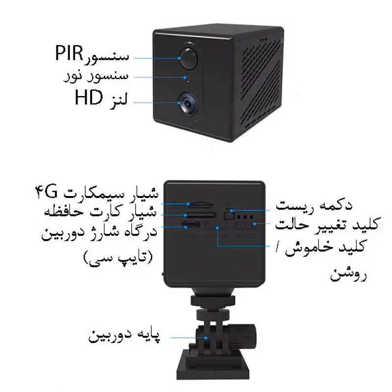 دوربین مداربسته تحت شبکه سیمکارتی مدل MG3 با لنز واید 120 درجه، رزولوشن 3 مگاپیکسل، دید در شب سیاه و سفید، باتری داخلی، ارتباط صوتی دوطرفه و سنسور تشخیص حرکت هوشمند به همراه نرم‌افزار OKAM-PRO