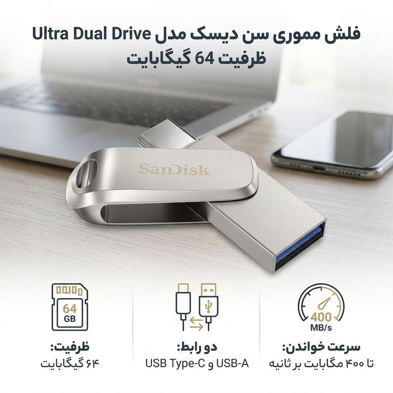 فلش مموری سن دیسک مدل Ultra Dual Drive Luxe ظرفیت 64 گیگابایت با رابط تایپ سی و USB 3.2 Gen 1، سرعت خواندن 400 مگابایت بر ثانیه، طراحی تاشو و سازگار با سیستم‌عامل‌های Android، PC، Mac و iPad Pro