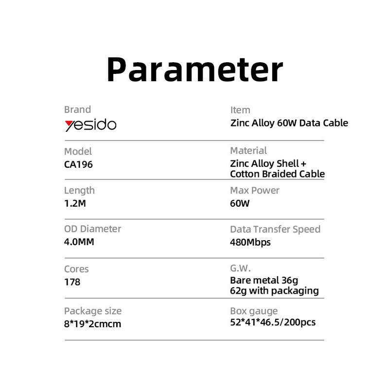 کابل USB-C یسیدو مدل CA196 60W طول 1.2 متر