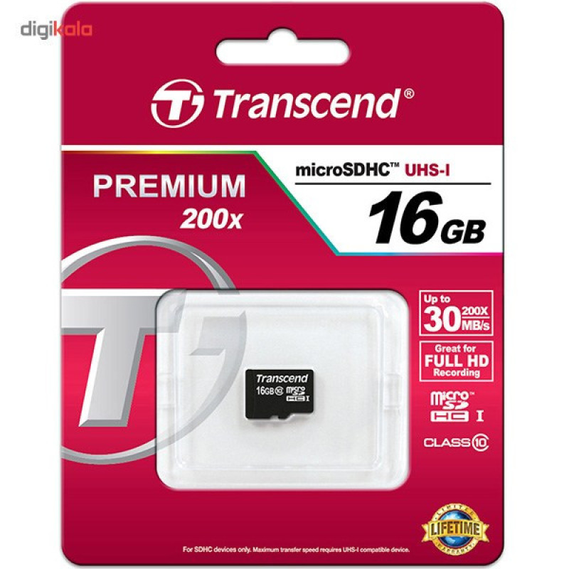 کارت حافظه‌ microSDHC ترنسند مدل Premium کلاس 10 استاندارد UHS-I U1 سرعت 30MBps 200X ظرفیت 16 گیگابایت