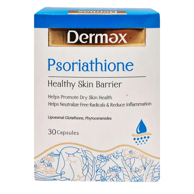 کپسول مکمل سلامت پوست درمکس سوریاتیون مدل Psoriathione با فرمولاسیون گلوتاتیون لیپوزومال و فیتوسرامید، حفظ رطوبت و استحکام پوست، کاهش چین و چروک و عوارض پسوریازیس، ضد التهاب و آنتی‌اکسیدان، تقویت مو و ناخن، فاقد گلوتن و نگهدارنده، بسته 30 عددی
