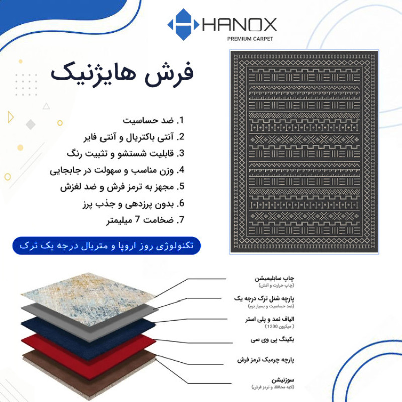 فرش ماشینی 1000 شانه هانوکس زمینه خاکستری حاشیه چند رنگ مدل مراکشی کد MHX.015.2