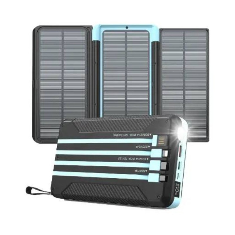 پاوربانک 20 وات پاورولوجی مدل Solar Multi-Cable PPBCHA70 ظرفیت 16000 میلی‌آمپرساعت به همراه چهارکابل USB-C، USB-A، Micro USB و لایتنینگ