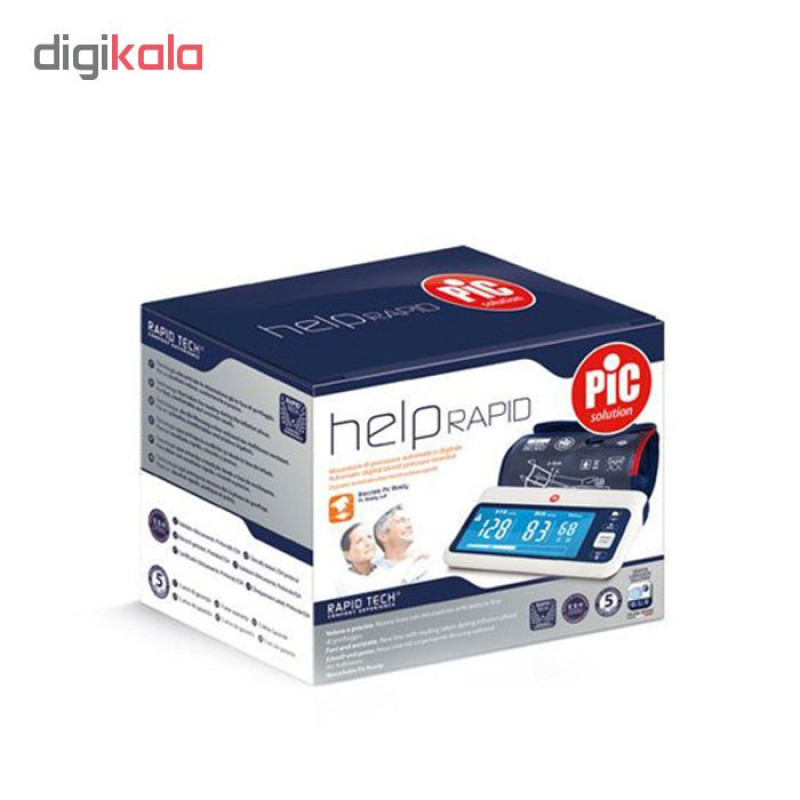 فشارسنج بازویی دیجیتال پیک سلوشن مدل help RAPID با تکنولوژی RAPID TECH، بازوبند فنری PiC READY، حافظه 200 رکورد برای 2 کاربر، نمایش میانگین نتایج، تشخیص آریتمی و هشدار خطای محاسباتی