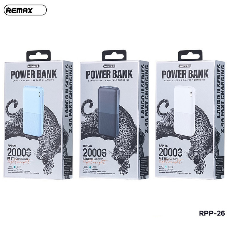 پاوربانک 12 وات ریمکس مدل RPP-26 ظرفیت 20000 میلی آمپر ساعت
