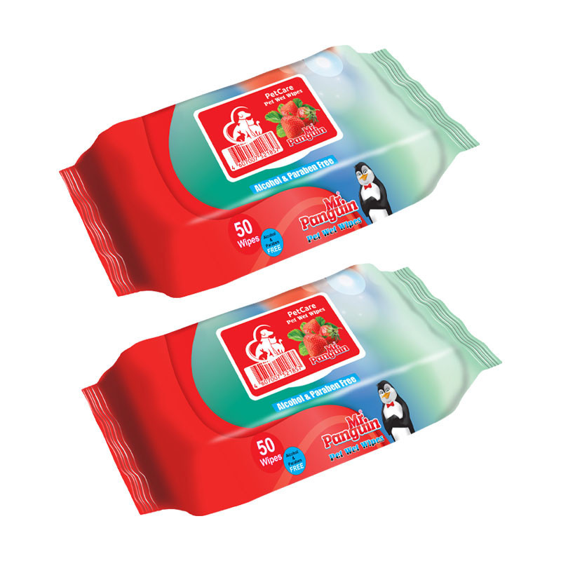 دستمال مرطوب حیوانات خانگی مستر پنگوئن مدل Strawberry وزن 300 گرم بسته 2 عددی