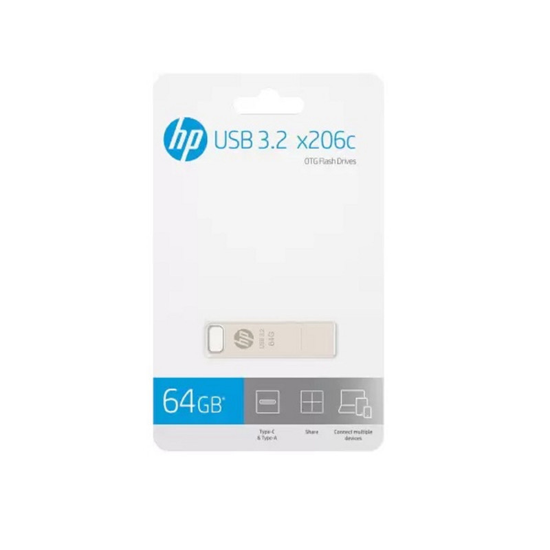 فلش مموری اچ‌پی مدل x206c ظرفیت 64 گیگابایت با طراحی چرخشی، بدنه فلزی، دو رابط USB Type-C و USB Type-A، سرعت انتقال تا 100 مگابایت بر ثانیه و سازگار با ویندوز و مک