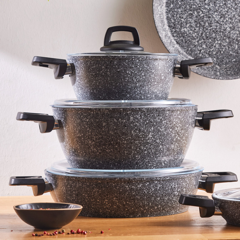 سرویس قابلمه وتابه بیوگرانیتی 9 پارچه کاراجا مدل Biogranit Grey Stone