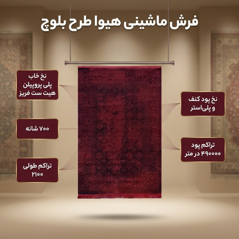 فرش ماشینی هیوا طرح بلوچ کد 201 زمینه لاکی
