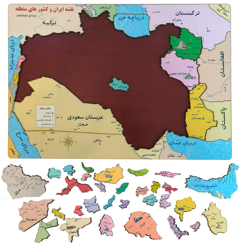 پازل 37 تکه مدل جورچین چوبی طرح نقشه ایران کشورهای همسایه