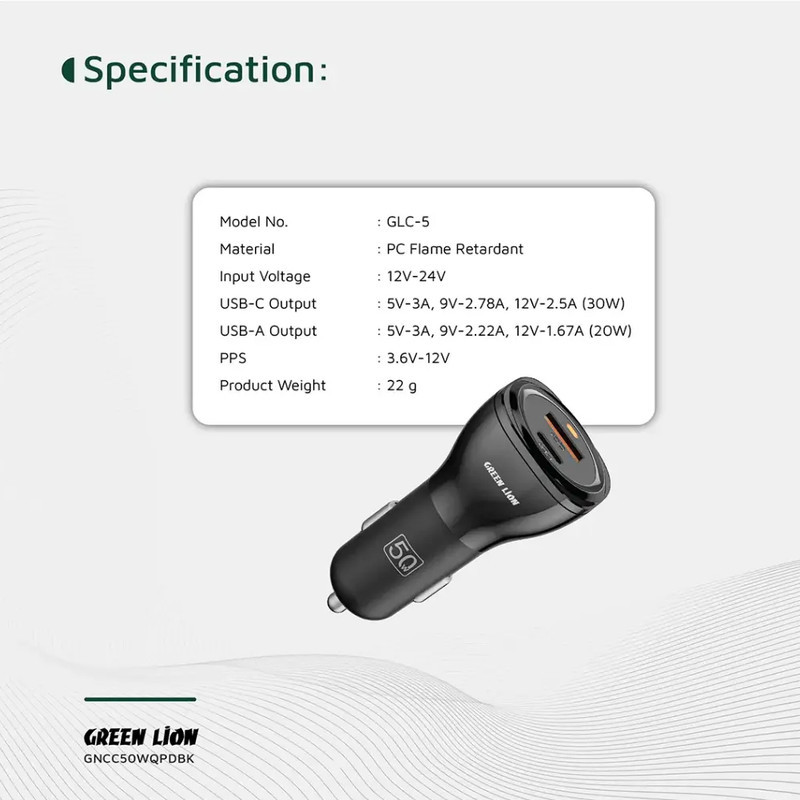 شارژر فندکی 30 وات 2 پورت گرین لاین مدل GNCC50WQPDBK