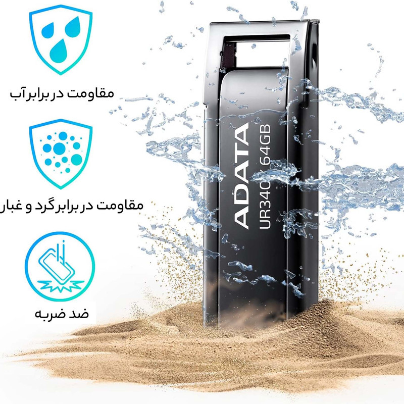 فلش مموری ای دیتا مدل UR340 ظرفیت 64 گیگابایت با بدنه فلزی، رابط USB 3.2 Gen1 Type-A، سرعت انتقال 100 مگابایت بر ثانیه و پشتیبانی از سیستم‌عامل‌های ویندوز، مک و لینوکس