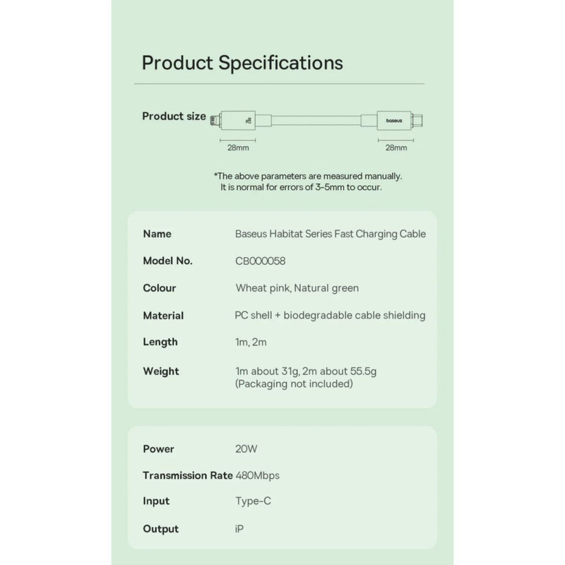 کابل تبدیل USB-C به لایتنینگ بیسوس مدل Habitat Series 20W PD طول 2 متر