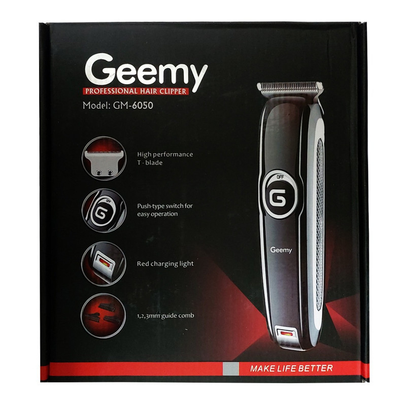 ماشین اصلاح موی سر و صورت جیمی مدل GM-6050 با تیغه استیل ضد زنگ، اصلاح برش مستقیم با دقت 0.1 میلی‌متر، قابلیت صفرزن، خط زن و حجم زن، باتری با 70 دقیقه زمان استفاده و نمایشگر وضعیت شارژ و سه شانه اصلاح 1، 2 و 3 میلی‌متری