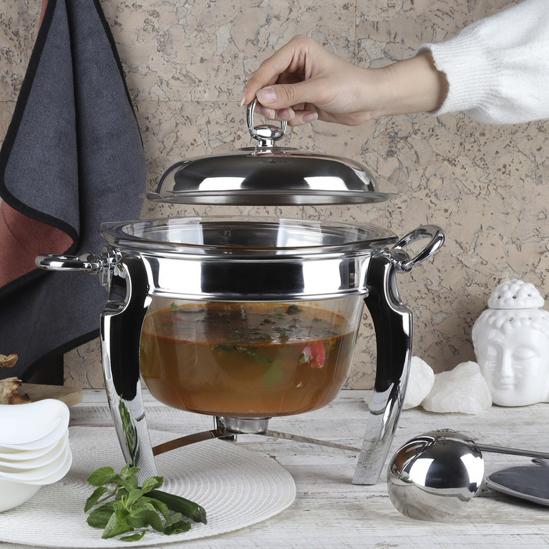 سوپ‌خوری شیشه‌ای با درپوش و پایه استیل، همراه با ملاقه، قابل شستشو با دست و ماشین ظرفشویی