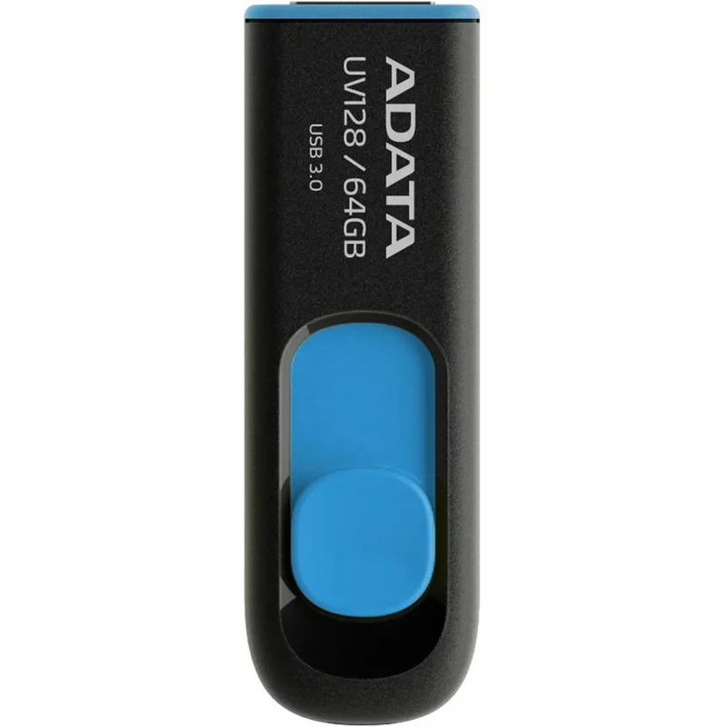 فلش مموری کشویی ای‌دیتا مدل DashDrive UV128 ظرفیت 64GB، رابط USB 3.0 با سرعت خواندن 90 و نوشتن 40MBs، طراحی ضد خش و ضد گرد و خاک، قابلیت اتصال بند حمل