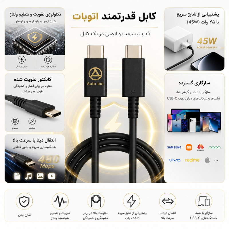 کابل USB-C اتوبات مدل 45w-SuperFast طول 1 متر