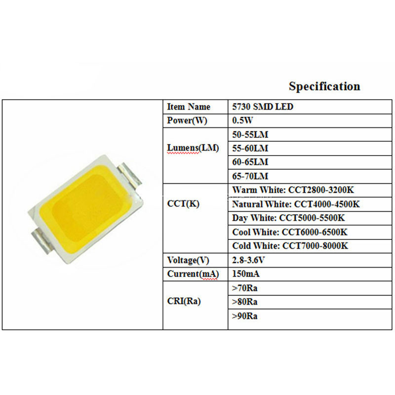 چیپ ال ای دی 0.5 وات مدل 5730 3V 0.5W بسته 60 عددی