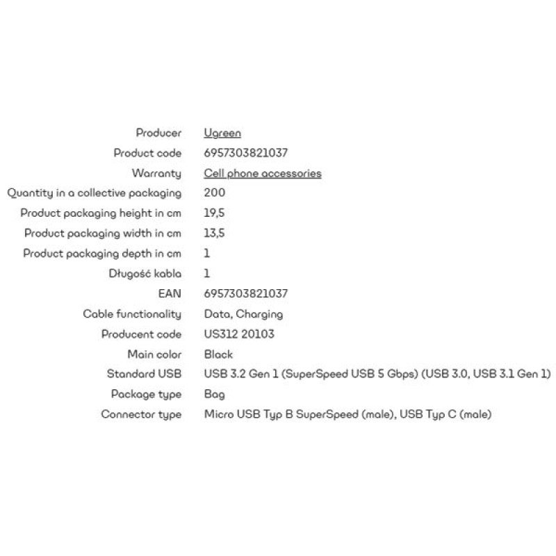کابل تبدیل USB-C به Micro-B یوگرین مدل US312-20103 طول 1 متر