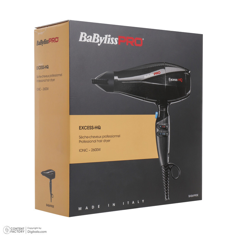 سشوار خانگی 2600 وات بابیلیس پرو مدل BAB6990IE، موتور AC، وزن 555 گرم، دارای سری متمرکز‌کننده باریک، متمرکز‌کننده پهن با ویژگی صاف‌کنندگی، حجم‌دهندگی، با قابلیت باد سرد