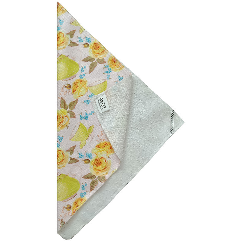 دستمال نظافت آشپزخانه بی تی مدل میکروفایبر طرح گل رز و قوری و فنجان چای کد 30x30W228 بسته 2 عددی