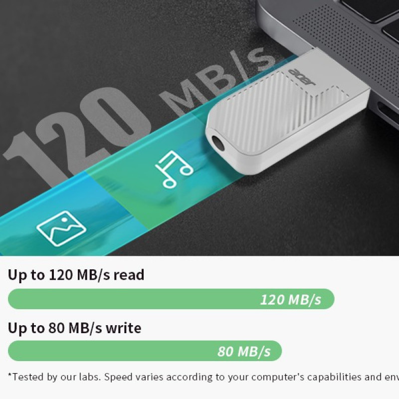فلش مموری ایسر مدل UP300 ظرفیت 32 گیگابایت، رابط USB 3.2 Gen1، سرعت خواندن 120 مگابایت بر ثانیه، بدنه سبک و مقاوم، سازگار با ویندوز، مک و لینوکس، مناسب انتقال سریع و ذخیره‌سازی داده‌های حجیم