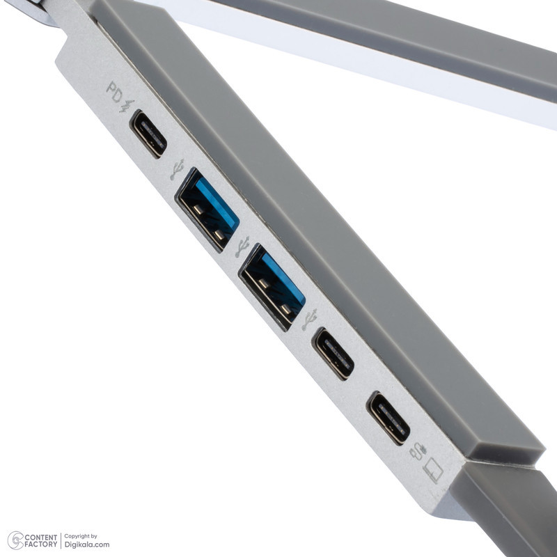 پایه نگهدارنده لپ تاپ ارگو مدل WLB013، دارای پورت ورودی USB-C، پورت خروجی USB-C، پورت USB-C PD و دو پورت USB-A
