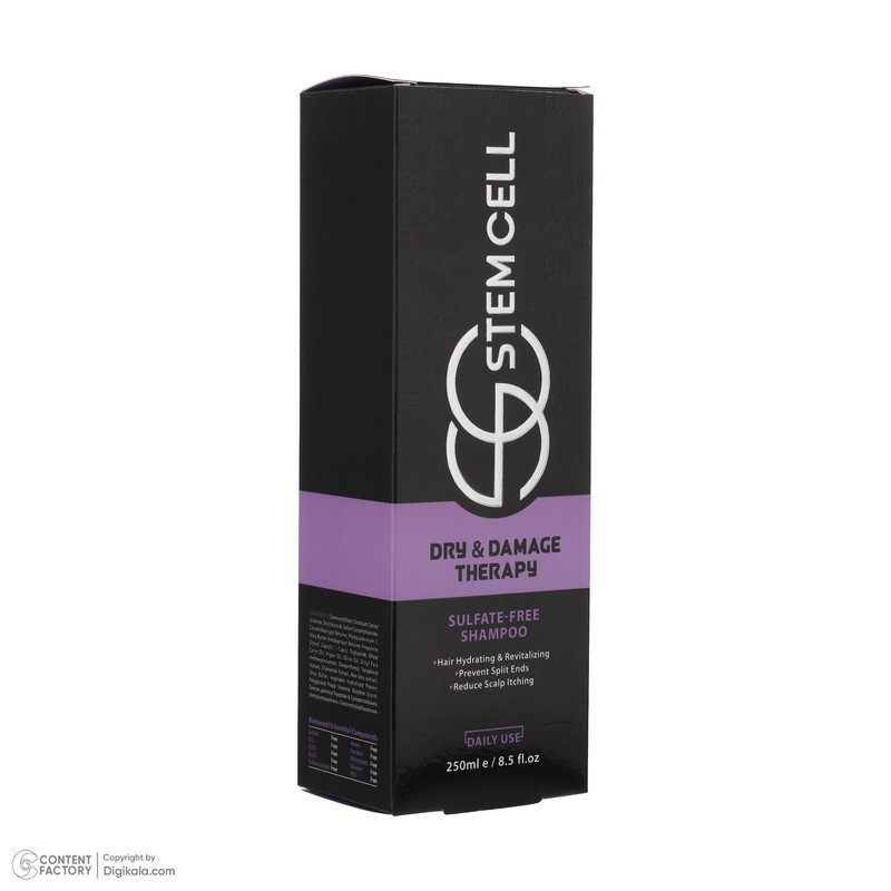 شامپو تقویت‌کننده مو استم سل مخصوص موهای شکننده، خشک و آسیب‌دیده، حجم 250 میلی‌لیتر، حاوی ویتامینه‌های B5، E ،A و D، روغن آرگان و روغن جوانه گندم، ضد ریرش، ضدشوره، مرطوب‌کننده و درخشان‌کننده با عصاره بابونه، آلوئه‌ورا