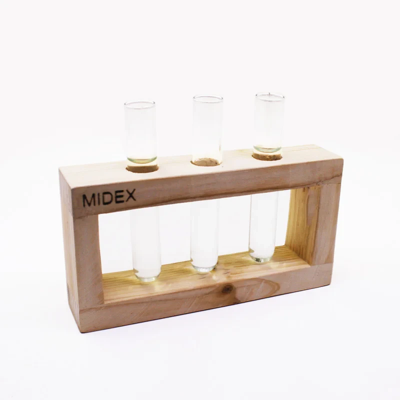 استند گل رومیزی مدل MF2 چوبی با 3 لوله برای گیاهان آبزی و کشت ریشه در آب، ابعاد 15×12×4 سانتی‌متر، وزن 120 گرم