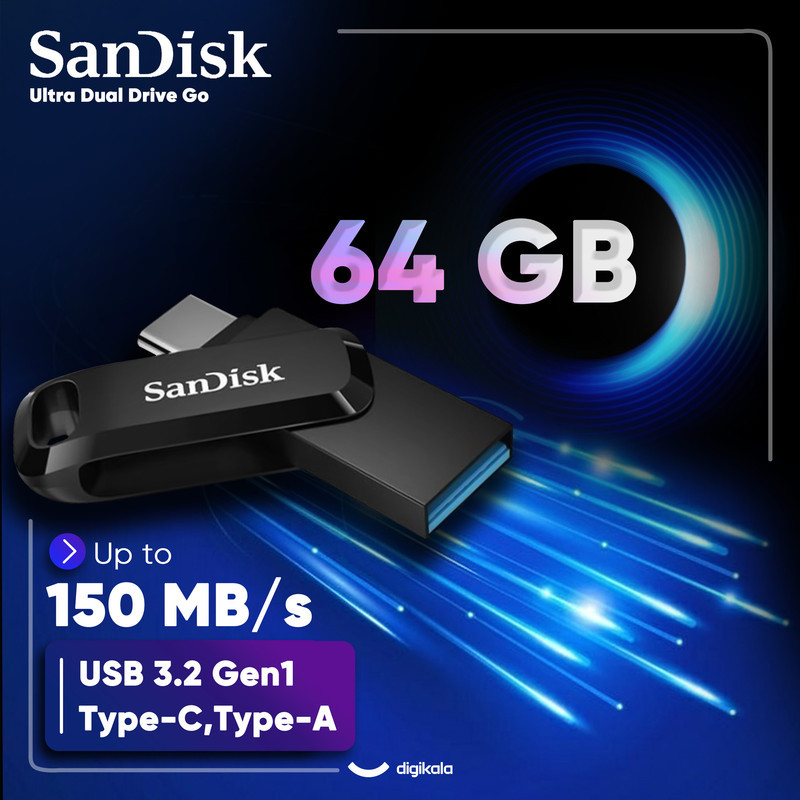 فلش مموری سن دیسک 64 گیگابایت مدل Ultra Dual Drive Go با دو رابط USB Type-C و USB Type-A، استاندارد USB 3.2 Gen1، طراحی چرخشی، سازگار با اندروید، iOS، ویندوز و مک، مناسب گوشی، تبلت، کامپیوتر و تلویزیون