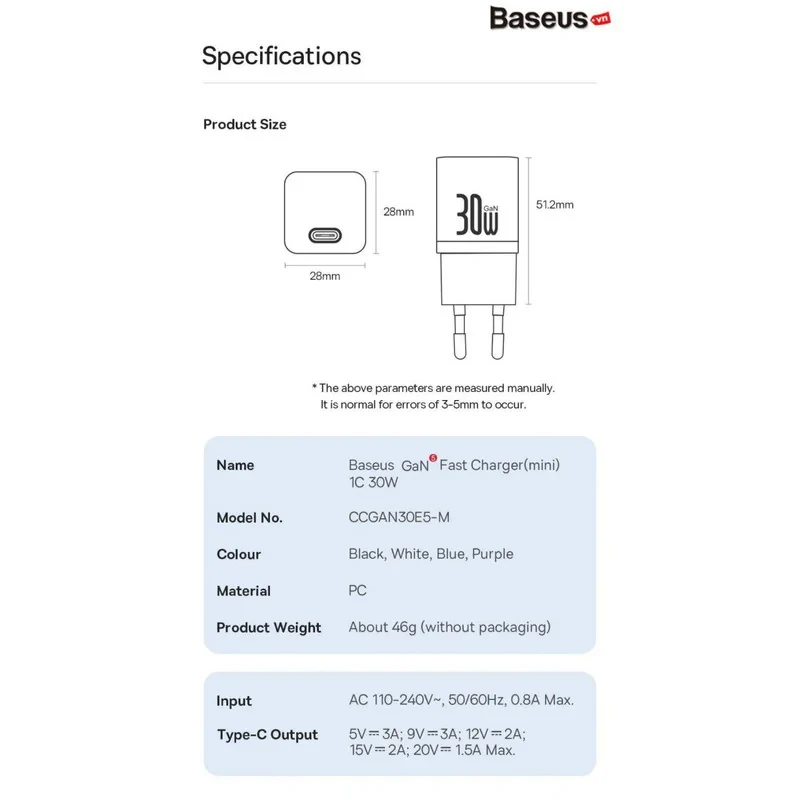 شارژر دیواری 30 وات بیسوس مدل GAN5 mini 30W به همراه کابل تبدیل USB-C