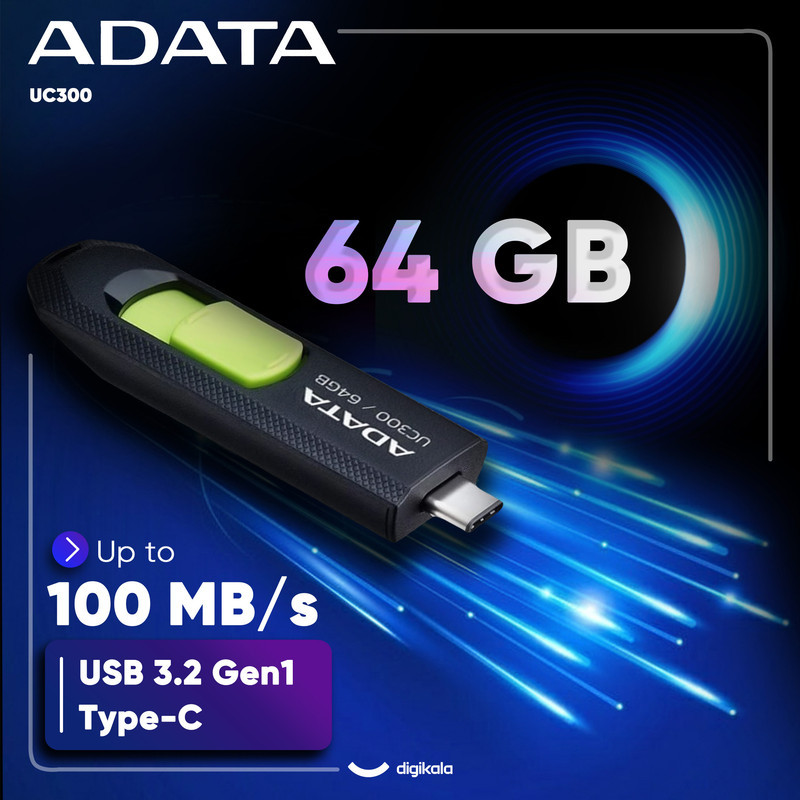 فلش مموری کشویی ای دیتا مدل UC300 ظرفیت 64 گیگابایت با رابط USB Type-C و استاندارد USB 3.2 Gen 1، سرعت انتقال داده تا 5 گیگابایت بر ثانیه، سازگار با لپ‌تاپ، گوشی، تبلت و تلویزیون، بدون نیاز به نصب درایور