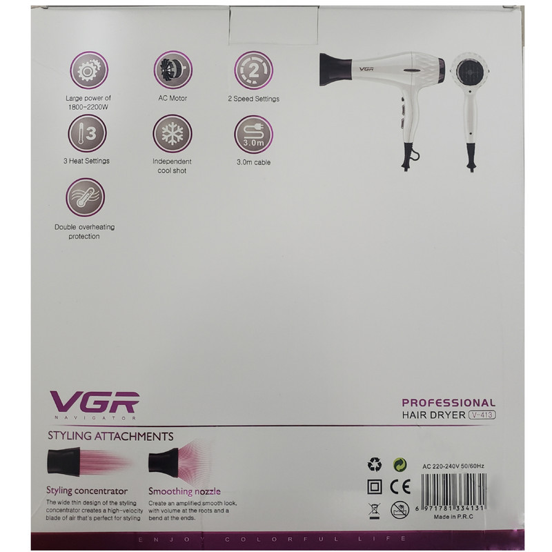 سشوار حرفه‌ای 2200 وات وی جی ار مدل V-413، موتور AC، وزن 802 گرم، المنت سرامیک تورمالین، دارای سری متمرکز‌کننده باریک، متمرکز‌کننده پهن با ویژگی صاف‌کنندگی، حجم‌دهندگی، با قابلیت باد سرد