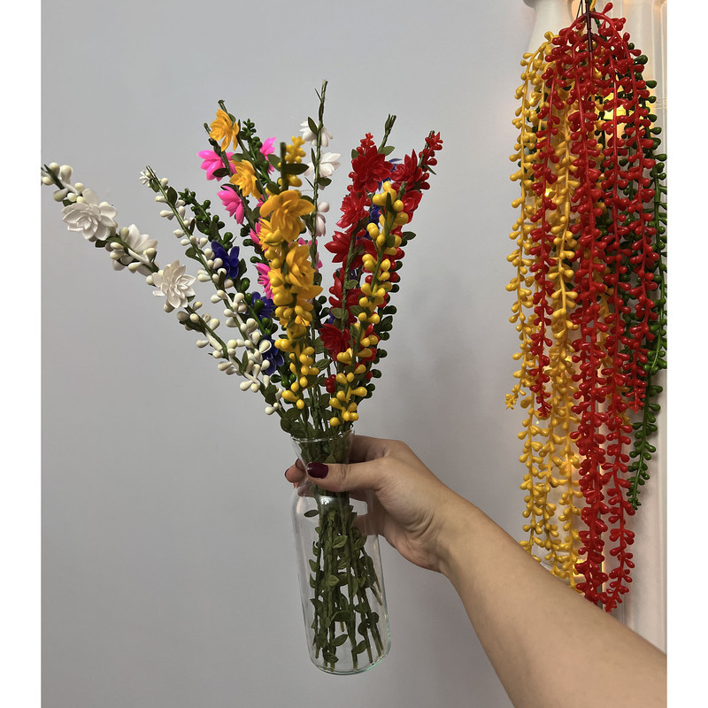 گل مصنوعی شاخه‌ای گل و غنچه، مجموعه 3 عددی، ابعاد 5×2×40 سانتی‌متر، وزن 100 گرم