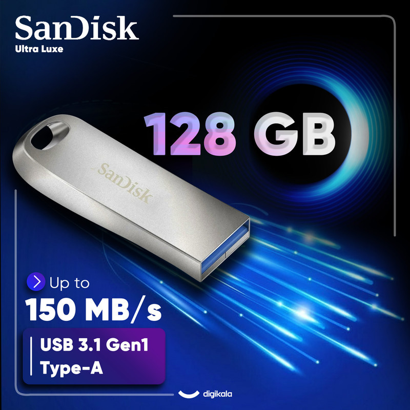 فلش مموری سن دیسک مدل Ultra Luxe ظرفیت 128 گیگابایت با بدنه فلزی، رابط USB 3.1 Type-A، سرعت خواندن 150 مگابایت بر ثانیه و نرم‌افزار کدگذاری SanDisk Secure Access