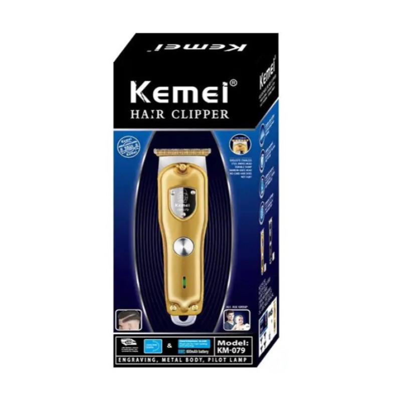 ماشین اصلاح موی صورت کیمی مدل KM-079 با تیغه کربن استیل، باتری 600 میلی‌آمپر، 4 شانه تنظیم طول 1 تا 4 میلی‌متر، استفاده خشک و مرطوب و شارژدهی 100 دقیقه